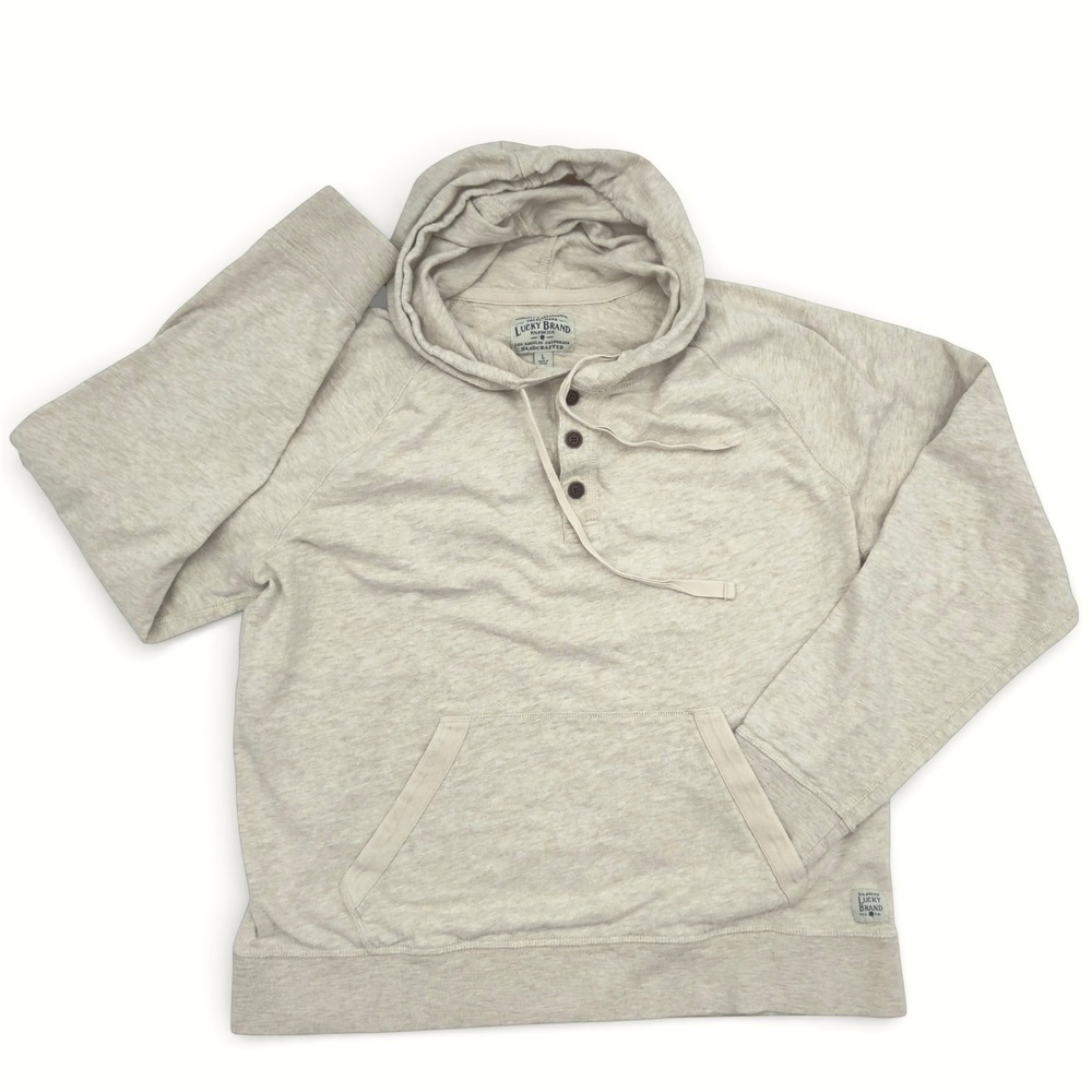 Lucky Brand Oatmeal Hooded Henley Pullover L Kangaroo Pocket Granola  Girl‎